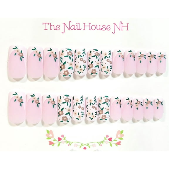 Pink Floral Matte Square Press-On Nails - 24 Pieces - Artificial Nail Kit