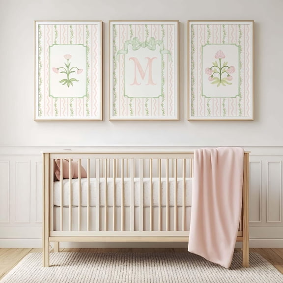 Pink Floral Monogram Nursery Grand Millennial Coquette Decor Area Set 3 Stretched Canvas