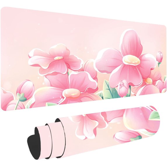 Pink Floral Mouse Pad for Office Desk, 31.5 x 11.8 Large Mouse Mat Gaming for Computer Laptop, Lotus Flower Mice Pad Nature Rubber Base Non Slip Mousepad Waterproof for Home Table BDZXSE023