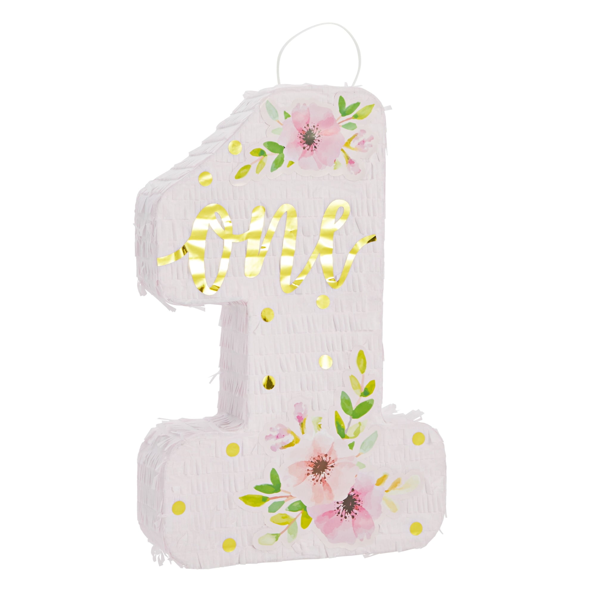 Pink Floral Number 1 Pinata for Girl's 1st Birthday Party Decorations, Gold  Foil One and Hibiscus Print Designs (11x17x3 In, Small)