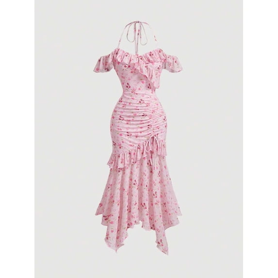 Pink Floral Off-Shoulder Ruffled Mermaid Dress With Asymmetrical Hem