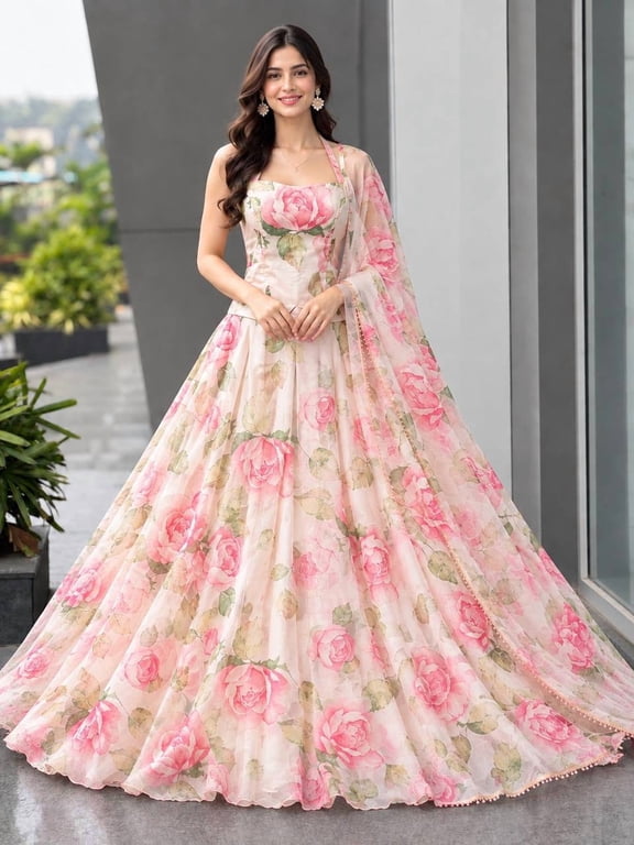 Pink Floral Organza Lehenga Choli for Women, Digital Rose Print Ready to Wear Lehenga Set with Stitched Blouse & Lace Dupatta, Wedding Party Wear