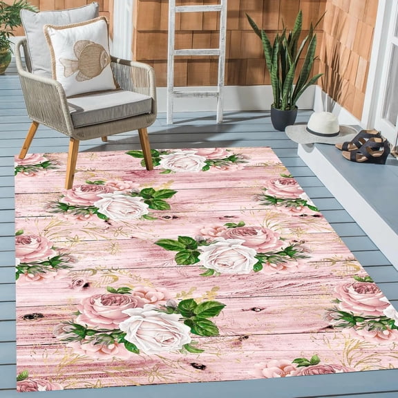 Pink Floral Outdoor Indoor Area Rug Contemporary Modern Aesthetic Rug for Patio Backyard Balcony Deck Porch Washable Reversible Outside Carpet 2x3ft Garden Camping Waterproof Throw Mat