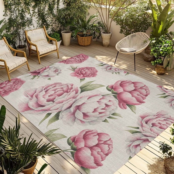 Pink Floral Outdoor Rug 5x7 Ft - Reversible Patio Rug Outdoor Camping Rugs, Spring Summer Vintage Flower Leaf Washable Indoor Outdoor Area Rugs, Non-Slip Outdoor Carpet Runner for Deck/Porch