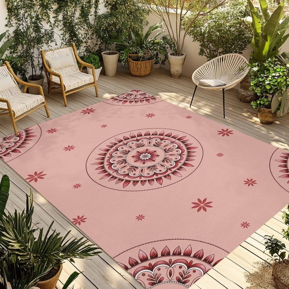 Pink Floral Outdoor Rug for Patio/Deck/Porch, Non-Slip Large Area Rug 4 x 6 Ft, Circular Flowers Ethnic Abstract Aesthetic Indoor Outdoor Rugs Washable Area Rugs, Reversible Camping Rug Carpet Runner