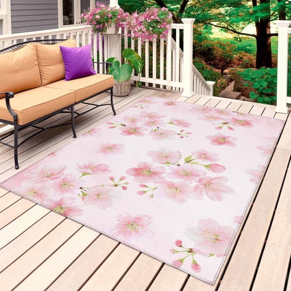 Pink Floral Outdoor Rug for Patio/Deck/Porch, Non-Slip Large Area Rug 4 x 6 Ft, Modern Farmhouse Aesthetic Shabby Chic Flower Indoor Outdoor Rugs Washable Area Rugs, Camping Rug Carpet Runner
