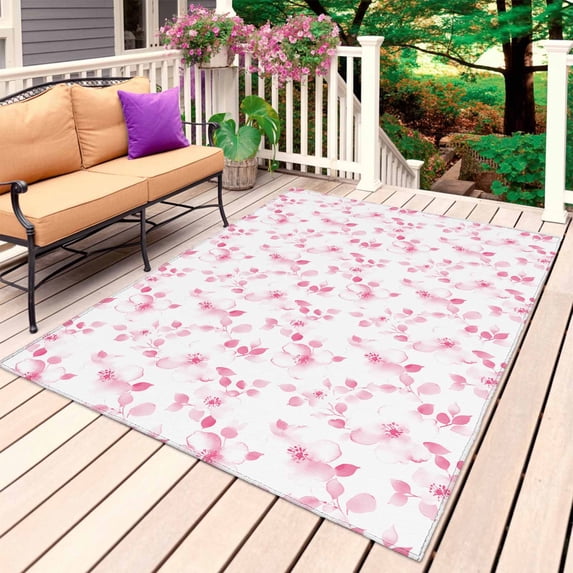Pink Floral Outdoor Rug for Patio/Deck/Porch, Non-Slip Large Area Rug 4 x 6 Ft, Retro Blossom Flower Botanical Country Indoor Outdoor Rugs Washable Area Rugs, Reversible Camping Rug Carpet Runner