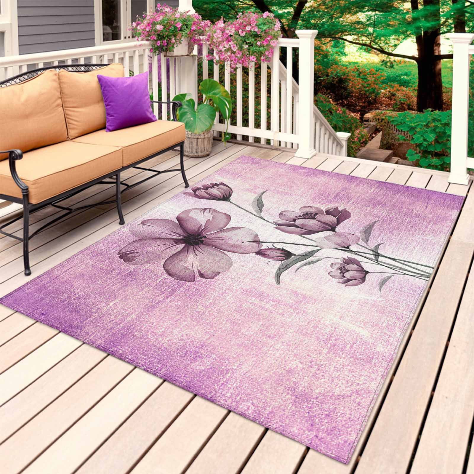 Pink Floral Outdoor Rug for Patio/Deck/Porch, Non-Slip Large Area Rug 6 x 9 Ft, Vintage Botanical Gradient Pastel Painting Indoor Outdoor Rugs Washable Area Rugs, Reversible Camping Rug Carpet Runner