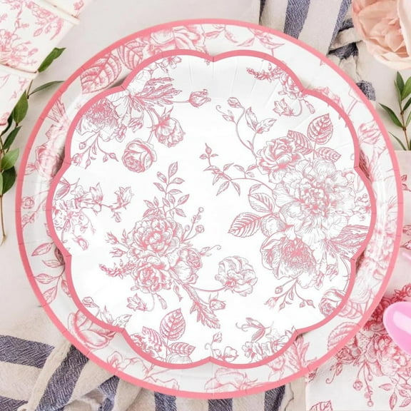Pink Floral Paper Party Plates Set of 16