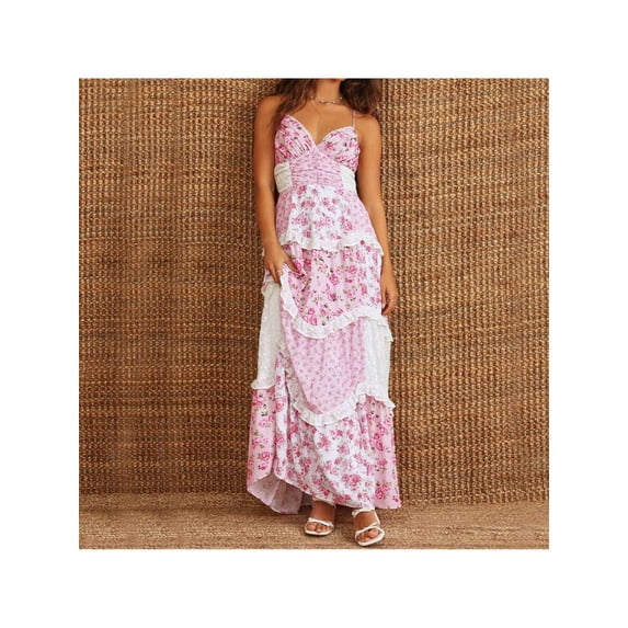 Pink Floral Patchwork Maxi Dress With Lace Ruffles Boho Spaghetti Strap Deep V-Neck Sundress