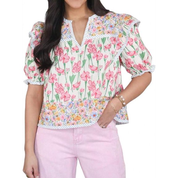 Pink Floral Patchwork Short Sleeve V-Neck Flutter Sleeve Peplum Blouse Boho Summer Top