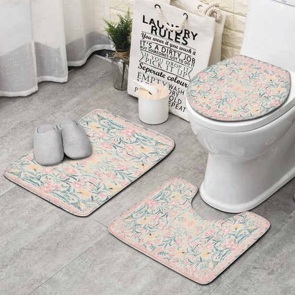 Pink Floral Pattern Bathroom Rugs Sets 3 Piece,Toilet Cover Set,Absorbent Non Slip Bathroom Mats Sets with U-Shaped Contour Rug Toilet Rug Set