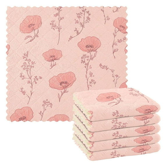 Pink Floral Pattern Kitchen Cloth Dish Towels for Drying Washing Absorbent Dish Rags 6 Pack