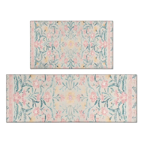 Pink Floral Pattern Kitchen Rugs Sets Of 2,Anti Fatigue Kitchen Mat Rugs Non Slip Washable,Decorative Kitchen Floor Mats for Kitchen,Sink,Laundry,17"x30"+17"x47"