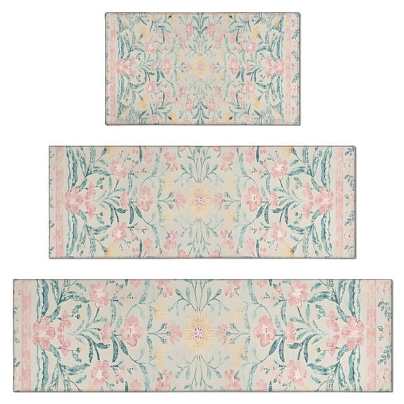 Pink Floral Pattern Kitchen Rugs Sets Of 3,Kitchen Runner Rugs Non Skid Washable,Decorative Kitchen Floor Mats for Kitchen,Sink,Laundry,17"x30"+ 17"x47" + 17"x59"