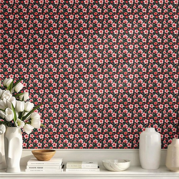 Pink Floral Pattern Peel and Stick Wallpaper, Boho Rustic Vintage Style Wall Art Wall Decor Art Print, Exquisite Elegant Home Wall Decoration for Bedroom Living Room Apartment