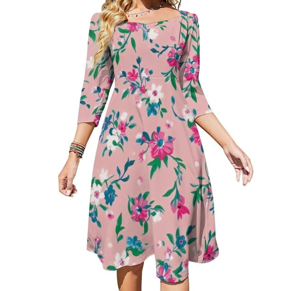 Pink Floral Pattern Pretty Flowers Design Women's 3/4 Sleeve Dresses Elegant A-Line Midi Dress Flare Summer Casual Sundress