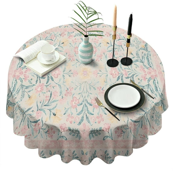 Pink Floral Pattern Round Tablecloth 60"x60",Wrinkle Wipeable Table Cloth for Kitchen Dining Room Picnic Patio Party