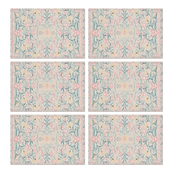 Pink Floral Pattern Summer Placemats Table Placemats Set Of 6-Linen Kitchen Washable Placemats Table Mats 11.8"x17.7" Non-Slip Heat Resistant