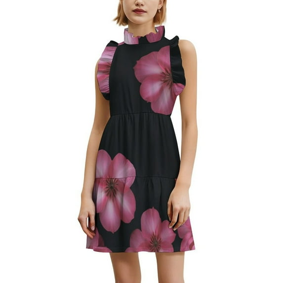 Pink Floral Pattern Women's Fashion Casual Dress Summer Stand Up Collar Ruffles Sleeve Dress Elegant Dresses
