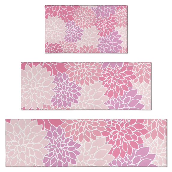 Pink Floral and Petal Pattern Kitchen Rugs Sets Of 3,Kitchen Runner Rugs Non Skid Washable,Decorative Kitchen Floor Mats for Kitchen,Sink,Laundry,17"x30"+ 17"x47" + 17"x59"