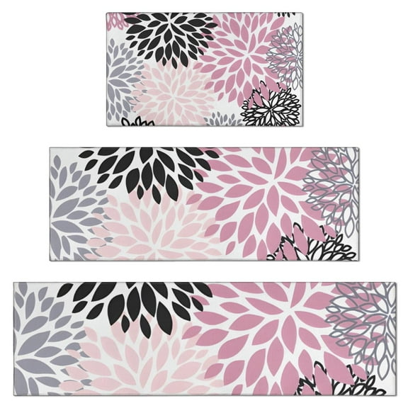 Pink Floral and Petal Pattern Kitchen Rugs Sets Of 3,Kitchen Runner Rugs Non Skid Washable,Decorative Kitchen Floor Mats for Kitchen,Sink,Laundry,17"x30"+ 17"x47" + 17"x59"