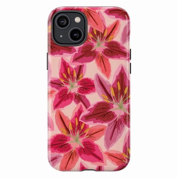 Pink Floral Phone Case with Red and Fuchsia Lily Design, Vibrant Botanical Aesthetic Protective Cover for iPhone 17 16 15 14 13 12 11 Plus Pro Max Mini