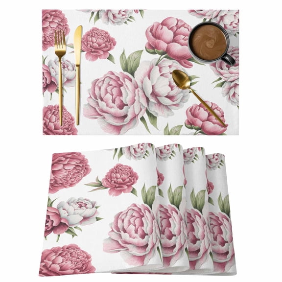 Pink Floral Placemats Set of 2, Cotton Linen Fabric Place Mats, Spring Summer Modern Flower Leaf Washable Decorative Table Mats Protector for Home Kitchen Dining Wedding Party Coffee Tables