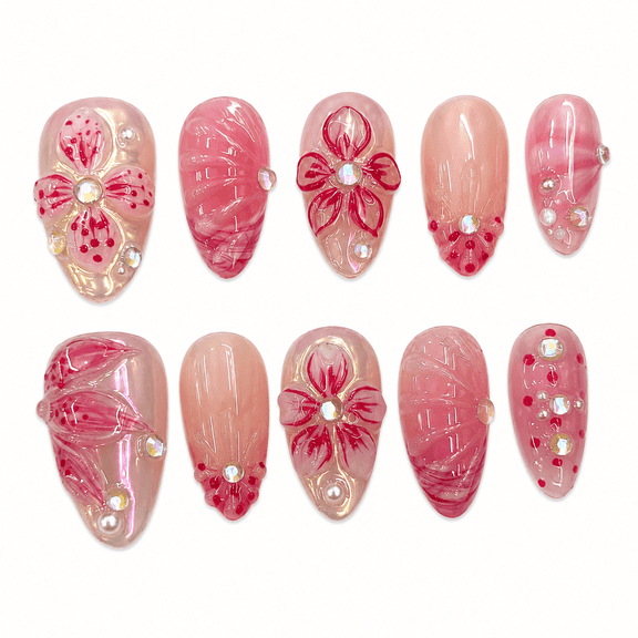 Pink Floral Press on Nails, Short Almond Glossy Jelly False Nails with Rhinestone Accent, 30 Count