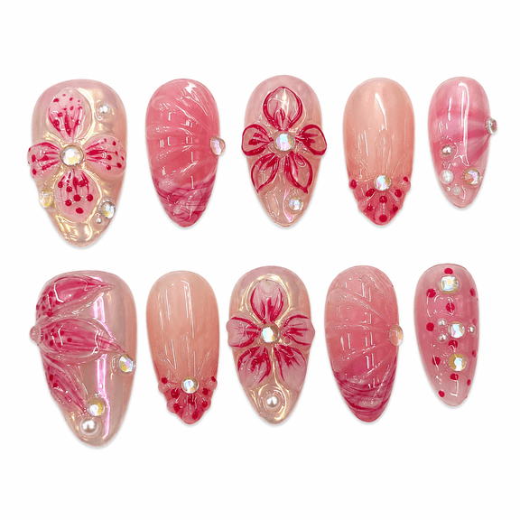Pink Floral Press on Nails, Short Almond Glossy Jelly False Nails with Rhinestone Accent, 30 Count