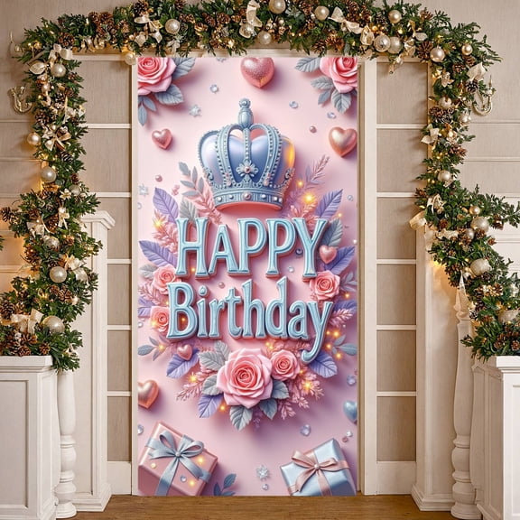 Pink Floral Princess Style Banner Silver Crown Glitter Hearts Backdrop for Girls Birthday Party Indoor Photo Shoot Princess Themed Events
