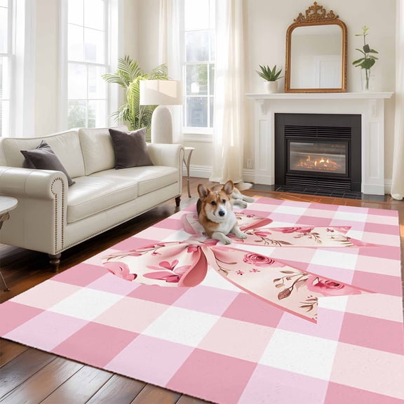 Pink Floral Print Area Rug 5x7 FT, Non Slip Bedroom Throw Carpet, Checkered Bow Rose Flower Gingham Washable Soft Floor Carpet Non-Shedding Rug for Dining Room Bedside Classroom Desk