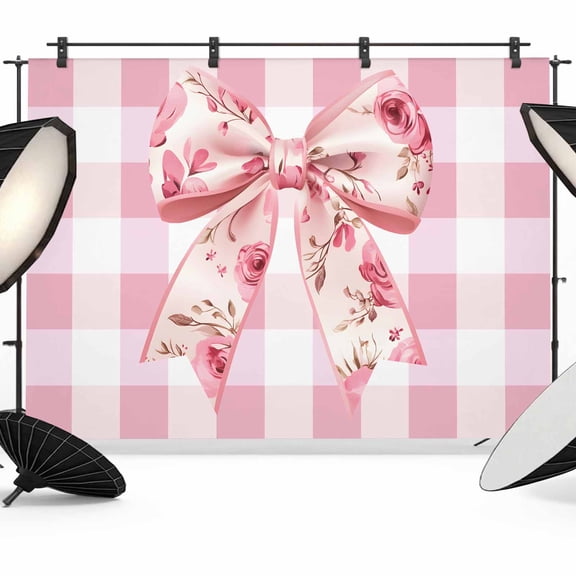 Pink Floral Print Backdrop for Photoshoot,Photography Photo Studio Background Wall Backdrop,Checkered Bow Rose Flower Gingham Back Drop Banner Panel for Portraits Wedding Party Live Streaming 10x8Ft