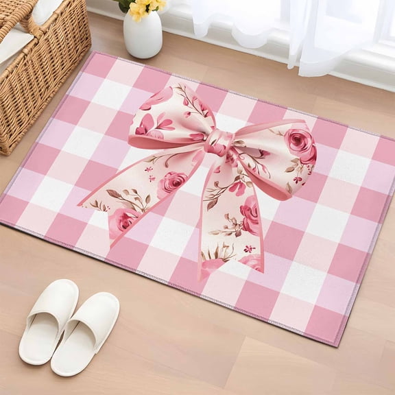 Pink Floral Print Bathroom Mats 2x3 FT, Non Slip Small Kitchen Mat, Checkered Bow Rose Flower Gingham Washable Soft Backed Front Door Throw Rugs Non-Shedding Indoor Outdoor Doormat for Entryway Sink