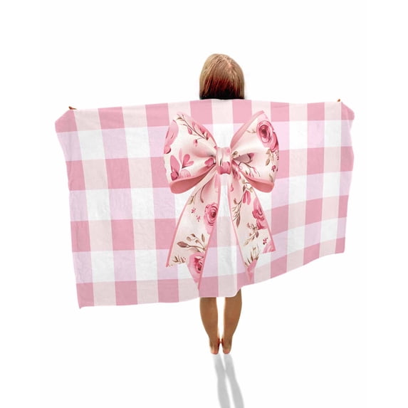 Pink Floral Print Beach Towels Oversized Super Absorbent, Checkered Bow Rose Flower Gingham Lightweight Bath Towel Quick Dry Sets For Bathroom/Pool/Rv Camping/Beach Play/Gym Room/Picnic 30"x60"