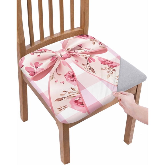 Pink Floral Print Chair Seat Covers for Dining Room Stretch Chair Seat Covers Set of 4, Checkered Bow Rose Flower Gingham Chair Seat Protector Cushion Slipcovers for Kitchen Restaurant Office