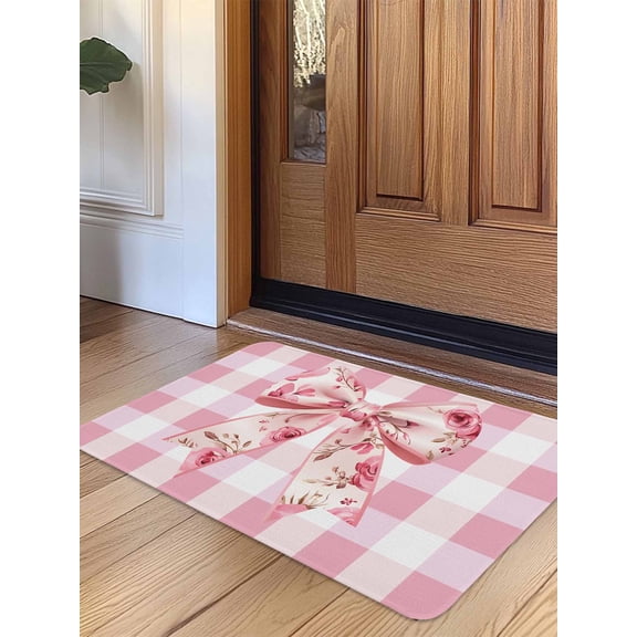Pink Floral Print Door Mat&nbsp;Indoor Outdoor Entrance, Non Slip Small Rug for Kitchen Bathroom Entryway Rug, Checkered Bow Rose Flower Gingham Washable Doormat Floor Mat 16x24 Inch