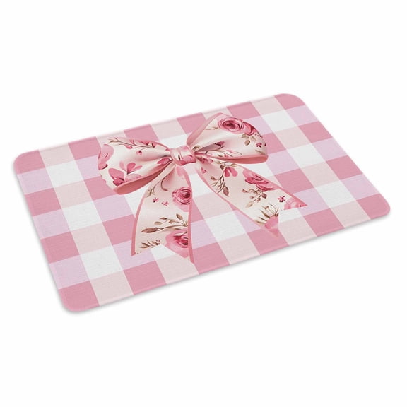 Pink Floral Print Doormat Outdoor Entrance 16"x24", Checkered Bow Rose Flower Gingham Absorb Moisture Dirt Door Mats, Non-Slip Rubber Backing Floor Mats Indoor, Low-Profile Front Door Rugs
