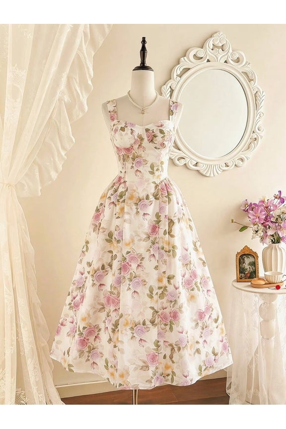 Pink Floral Print Fit & Flare Midi Dress With Sweetheart Neckline And Corset Bodice