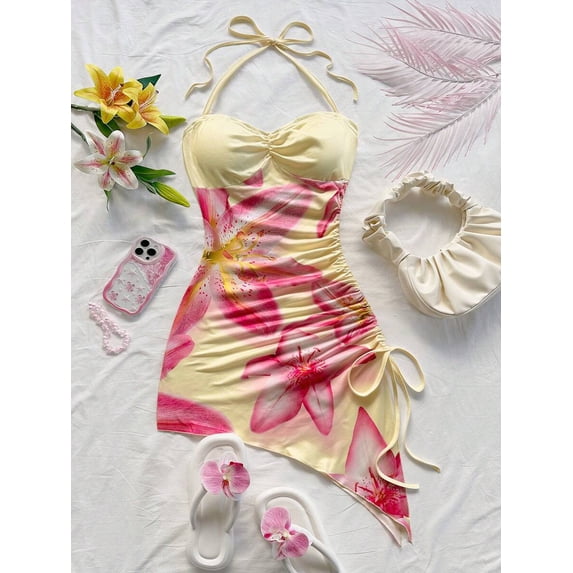 Pink Floral Print Halter Neck Bodycon Dress With Asymmetric Hem And Side Tie