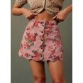 thumbnail image 1 of Pink Floral Print High Waist Scalloped Button-Front A-Line Denim Mini Skirt, 1 of 20