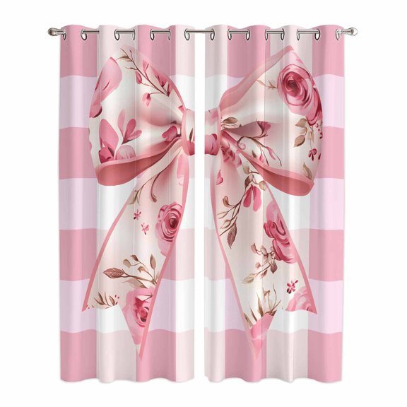 Pink Floral Print Kitchen Curtains 84 Inch Length, Checkered Bow Rose Flower Gingham Grommet Top Bedroom Living Room Curtains, Light Filtering Cafe Curtain Drapes 2 Panels Set 84''x84''