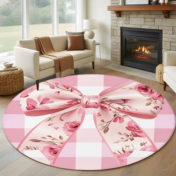 Pink Floral Print Large Round Rug 8 FT, Non Slip Living Room Area Carpet, Checkered Bow Rose Flower Gingham Washable Soft Circle Rug Non-Shedding Floor Carpet for Bedroom Office Dining Room