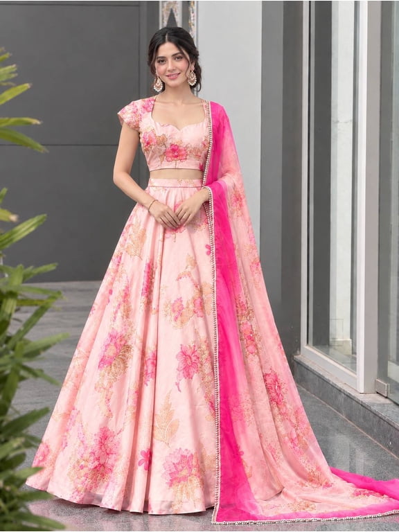 Pink Floral Print Organza Lehenga Choli for Women, Digital Print Ready to Wear Lehenga Set with Stitched Padded Blouse (Size 38) & Mirror Lace Dupatta, Wedding Haldi Party Wear
