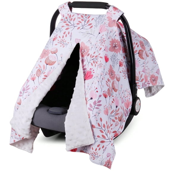Pink Floral Print Reversible Minky Dot Lined Carrier Canopy, Windproof Light Blocking Adjustable Stroller Travel Accessory