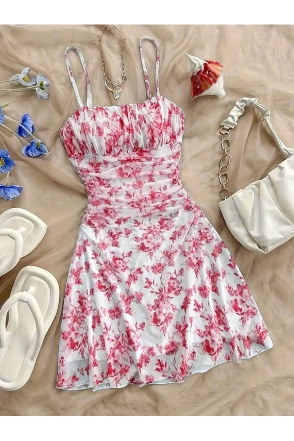 Pink Floral Print Ruched Halter Mini Dress For Women