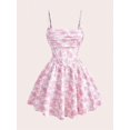 thumbnail image 1 of Pink Floral Print Ruffle Spaghetti Strap Mini Dress For Women, 1 of 5