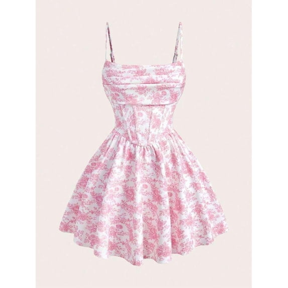 Pink Floral Print Ruffle Spaghetti Strap Mini Dress For Women