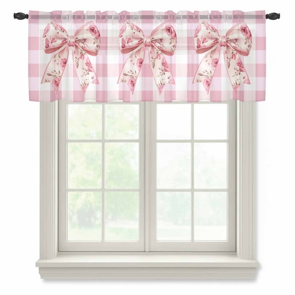 Pink Floral Print Sheer Curtains Valances for Windows Checkered Bow Rose Flower Gingham Chiffon Kitchen Valances for Cafe, Rod Pocket Voile Window Treatments Curtains for Living Room Bedroom, 42"x12"