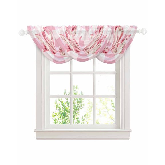 Pink Floral Print Sheer Waterfall Valance Curtains for Window, Checkered Bow Rose Flower Gingham Rod Pocket Sheer Topper Swag Curtains for Living Room, Kitchen 38.5"W x 47.2"L, 3 Panels